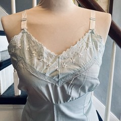 1970s Poly cotton Eyelet Lace Midi Slip Pastel Baby Blue Lingerie Pinup Hippie