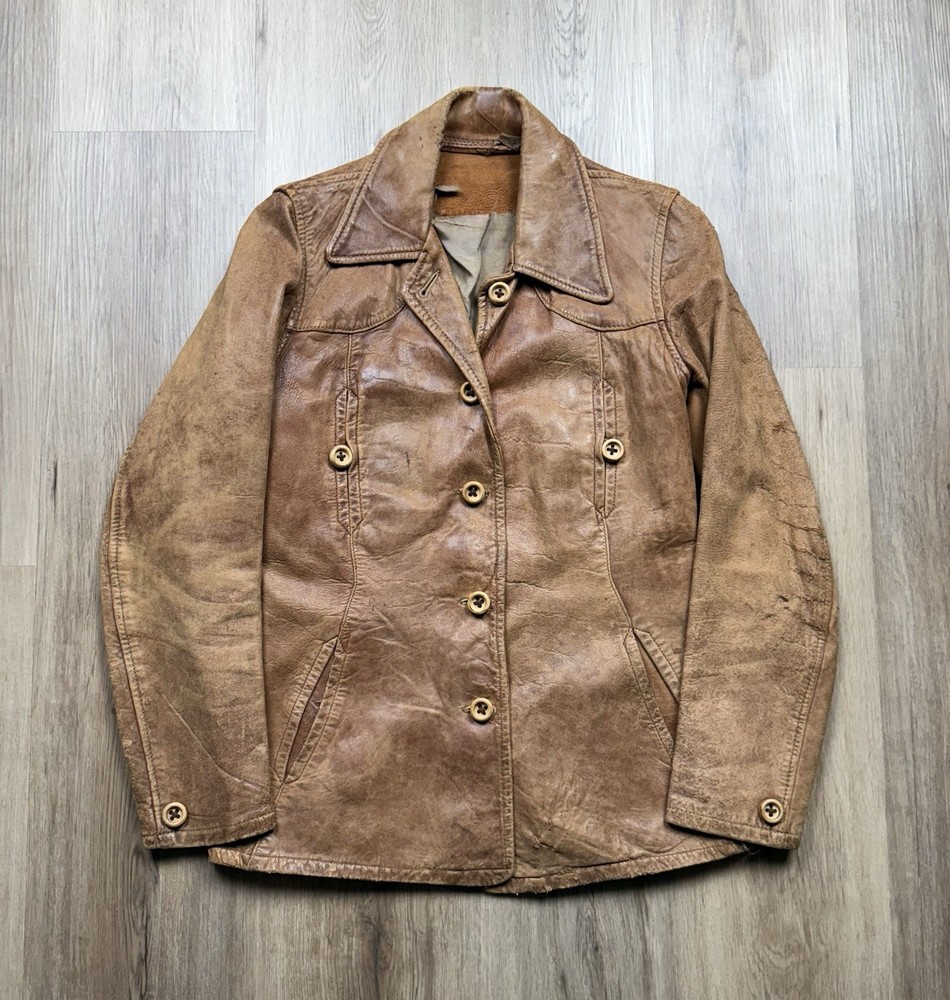 30s VINTAGE Brown Leather Belt Back Jacket Distressed Worn In Size XS/S Womens