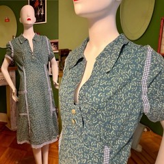 Vtg 1940s 1950s Cotton House Day Dress Check & Floral Print L XL Rockabilly