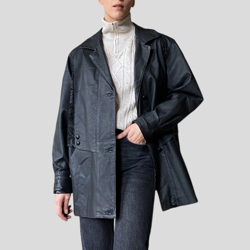 Vintage 90s Black Leather Jacket – Oversized Patchwork Coat- Size M/L