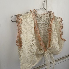 VTG 1970s Handmade Ivory/Cream Lace & Orange Ruffle Wrap Crop Top Blouse – S/M