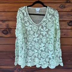 Vintage Y2K Together Mint Green Floral Crochet Blouse Top Size Large