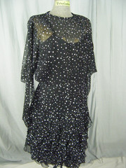 BETSY & ADAM Vtg 70s Sheer Black Polka Dots Batwing Ruffle Dress-Bust 36/2XS-XS