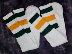 VTG 80’s 2 Thick Stripe Tube Socks 23″ long Standard Size Green Yellow White NOS
