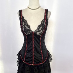Vintage 1980s Tosca Lingerie Black & Red Satin Lace Cami Top M Goth Grunge