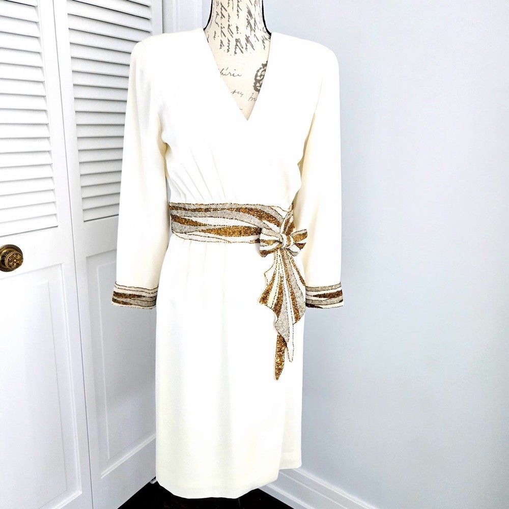 VTG Bob Mackie off White Dress Beaded Sequin Long Sleeve size 0-2