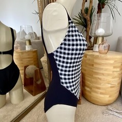 Swimsuit VTG 80s Black White Seersucker Gingham Sz 7/8 One Piece