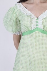 Vtg Green Gingham Dress Wht Lace Puff Slv High Waist Country Prairie Sundress