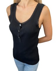 CHANEL Vintage 08P CC Logo Button Ribbed Knit Tank Top #42 Black Silver Cotton