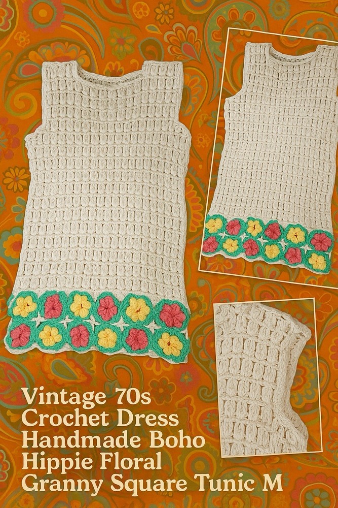 Vintage 70s Crochet Dress Handmade Boho Hippie Floral Granny Square Tunic M