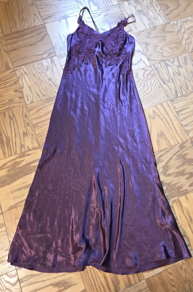 Vtg MFlora Nikrooz Bordeaux Satin Maxi Slip Dress