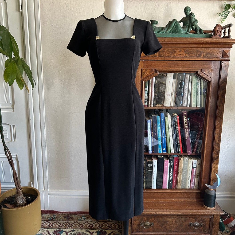 Vintage 1990s 80s Short Sleeve Black Midi Dress w Square Neck Cutout Gold accent