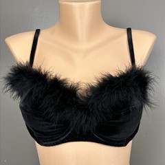 Vintage Black Velvet Feather Trim Bra 38B Marabou Underwire Pin Up Burlesque