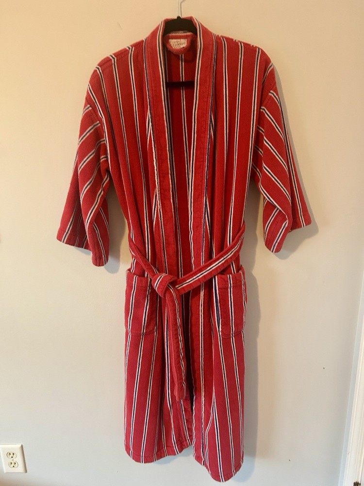TJ Lawford VTG 90s Turkish Cotton Robe Belted Red Blue Striped SZ L Double Loops