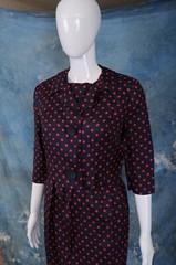 Vintage 1960s R&K Originals blue polka dot rayon blend belted jacket dress S