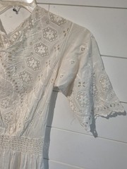 Antique Edwardian White Cotton Lawn Gown Embroidered Eyelet Lace Tea Dress XS