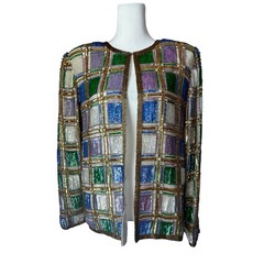 Vintage with Tags! Laurence Kazar Silk Sequin Beaded Plaid Jacket Medium Large