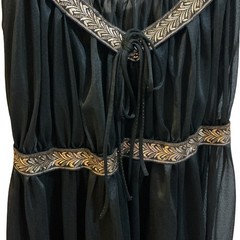 Vintage Black Sheer Empire Waist Nightgown Gold Laurel Leaf Embroidery Small
