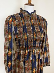 Vtg 1960s Maxi Dress Sz 11 Emma Domb Smocked Long Sleeve Floral Fall Winter
