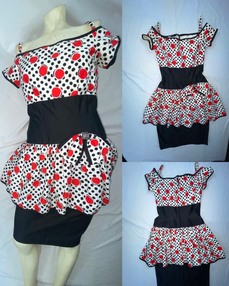 VTG 80S 90S WOMENS POLKA DOT LOUD RETRO NEW WAVE WIGGLE DRESS