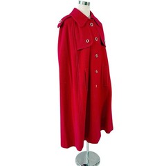 Red Wool Cape Size 16 Military Style Poncho Coat Epaulets Lined Vintage 1960s