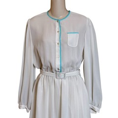 70s Vintage Sheer Long Sleeve White Blue Secretary Dress size M