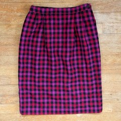 Vintage Gingham Plaid Wool Skirt Size XS 25″ Waist Red/Pink/Black Checkered