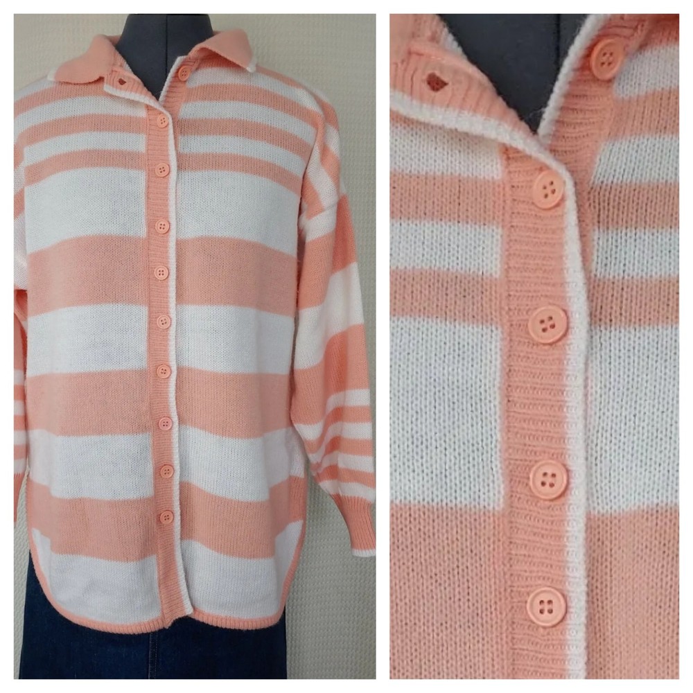 Vintage Hollywood & Vine Peach & White Striped Sweater Cardigan with Collar MED