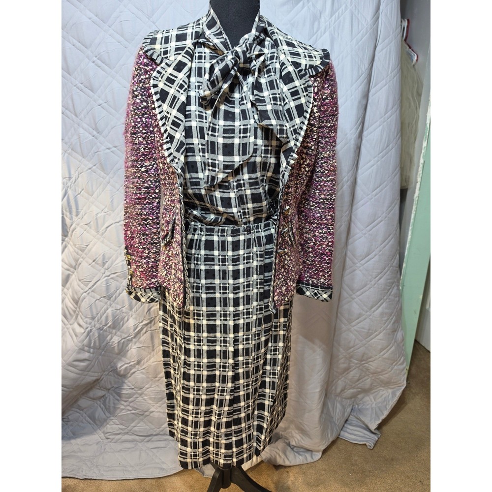 Vintage Adolfo Saks Fifth Avenue 3pc Skirt Suit Set Plaid Tweed Purple Black