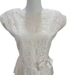 Vintage Zum Zum Lace Peplum Midi Dress Ivory Cream Bow Handkerchief Hem Bridal