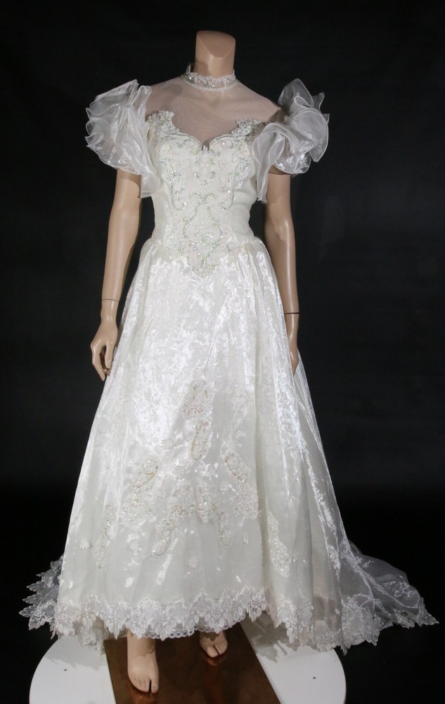Eve of Milady Vintage 80s Ivory Organza Beaded Wedding Dress with Train sz 4