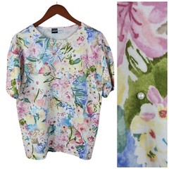 Vintage 90s T-Shirt Size Medium Floral All Over Print top Pearl Yellow Pink Blue