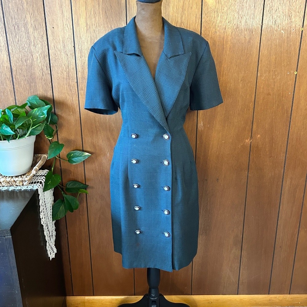 Vintage La Belle Plaid Blazer Dress Double Breasted Blue Green Size 11/12 USA