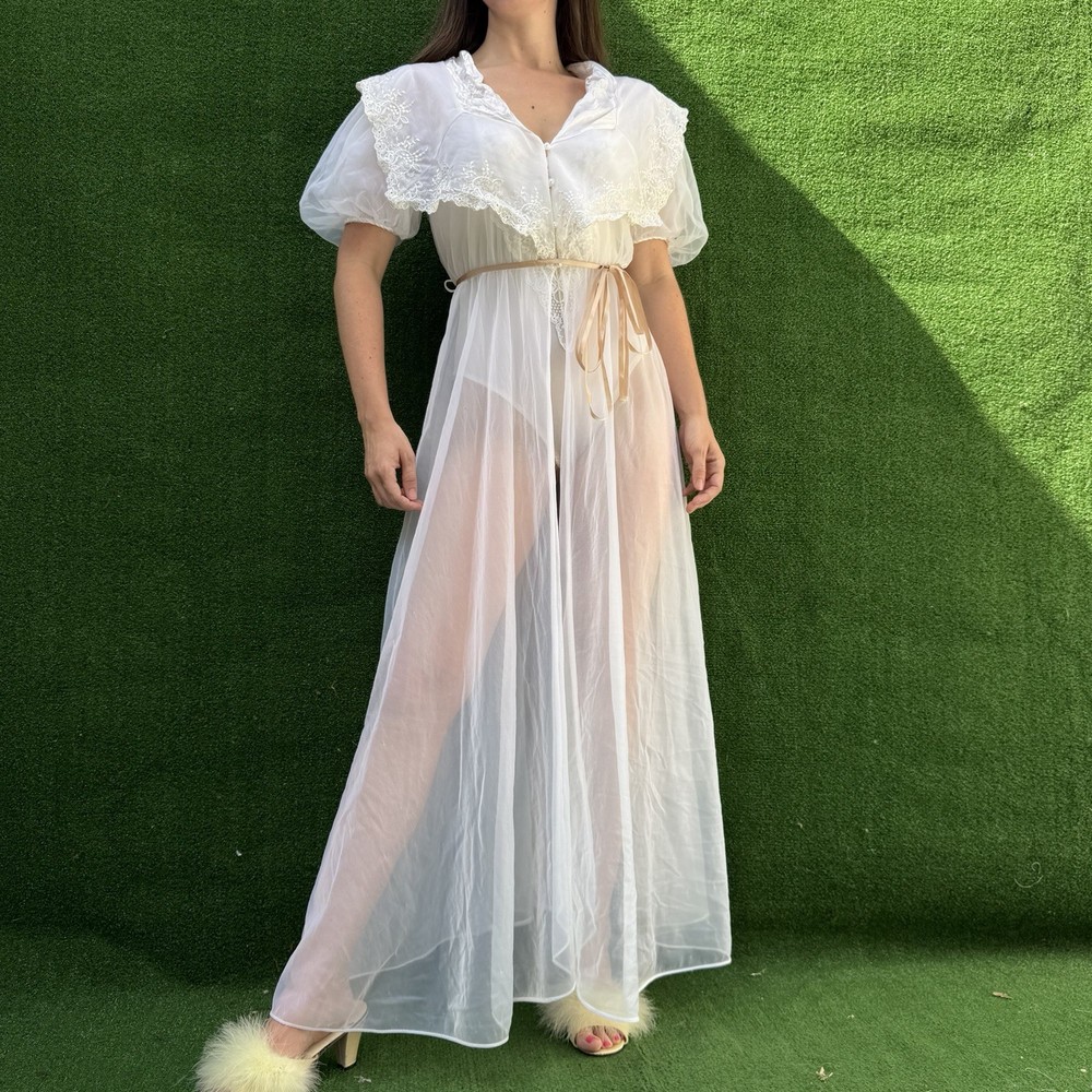 Vtg Val Mode Peignoir Gown Robe Lingerie Sheer Chiffon Lace S/M Delicate