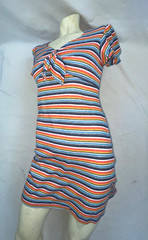 VTG 70S WOMENS S SCOOP NECK TIE BUST SUPER STRIPE SURF SURFER DISCO CUTE DRESS