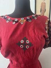 Red Vintage Cotton Dress with embroidery and mirrors, Indian