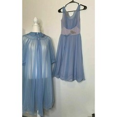 Vintage 60s Shadowline Peignoir Set Robe Gown Light Blue Nylon Sz S nightgown