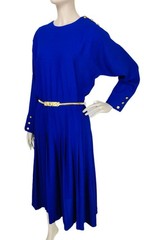 Vintage 80s Liz Claiborne Blue Pleated Gold Buttons Midi Sheath Dress Size 10P
