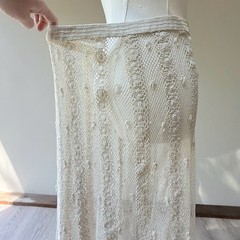 Vintage Hand Crochet Ivory Cotton Lace Maxi Skirt with Rosette Details