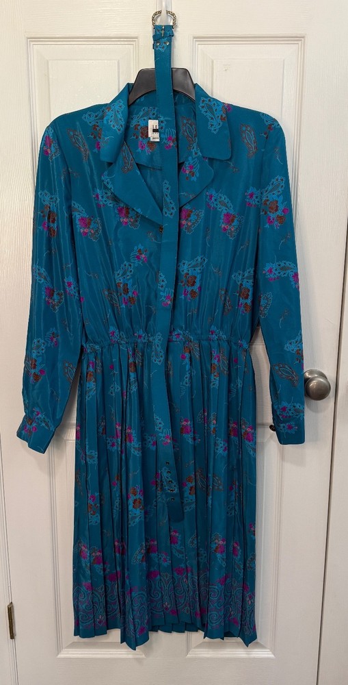 80s Vintage Leslie Fay Pleated Secretary Dress Teal Paisley Belted Size 16
