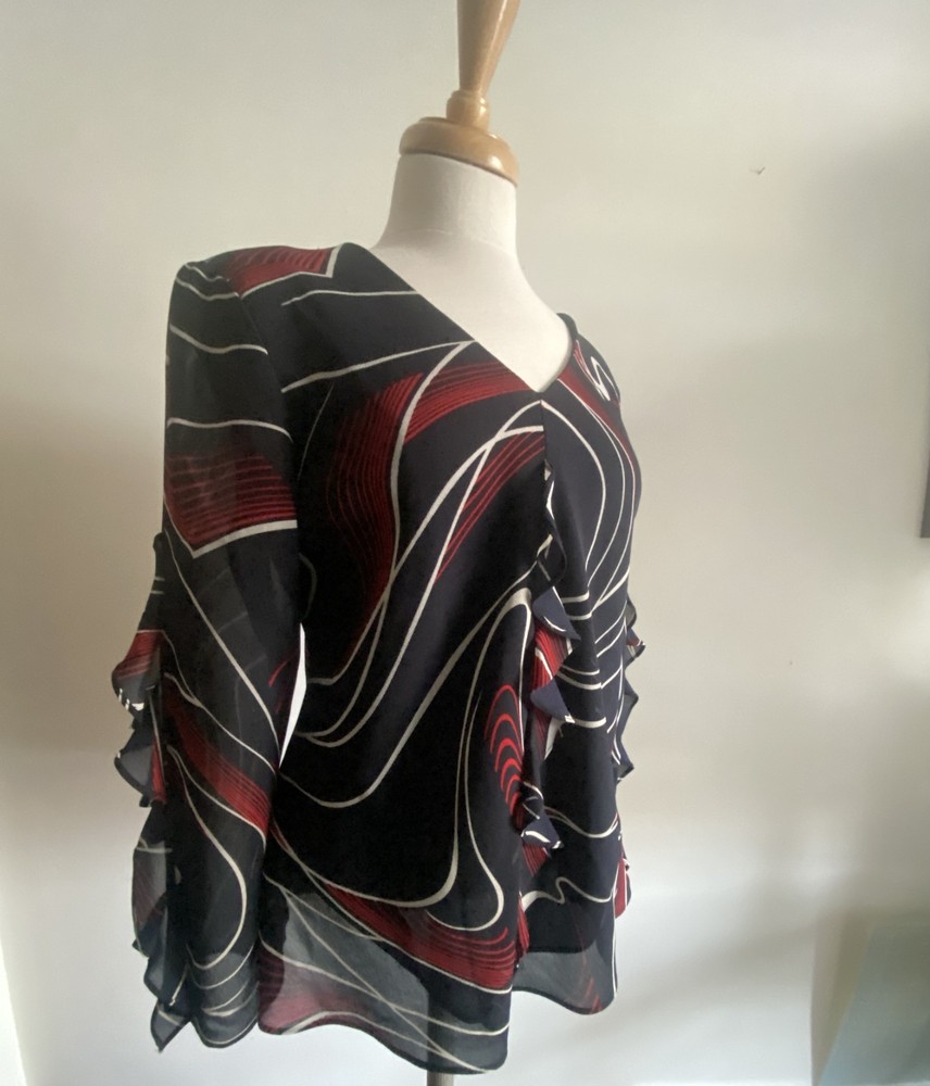 VTG Secret Navy Red Swirl Sheer Blouse – Bell Frill Ruffle Sleeve – L – USA