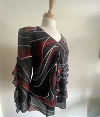 VTG Secret Navy Red Swirl Sheer Blouse – Bell Frill Ruffle Sleeve – L – USA
