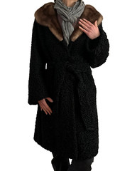 Vintage Black Persian Lamb & Mink Belted Genuine Fur Coat Curly Embroidered 38″
