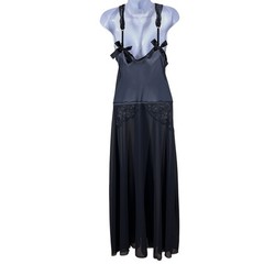 Vtg Victorias Secret Silky Satin Long Slip Dress Sz L Floral Lace Coquette Sexy