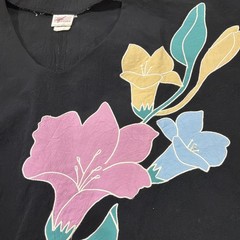 70s 80s Vintage Black blouse Pink Blue Yellow Flowers Lightweight