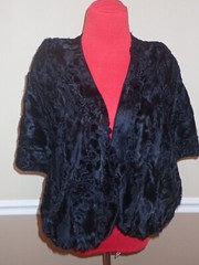 40s 50s VTG Black Broadtail Lamb Fur Stole Capelet Double Shoulder Pockets M/L