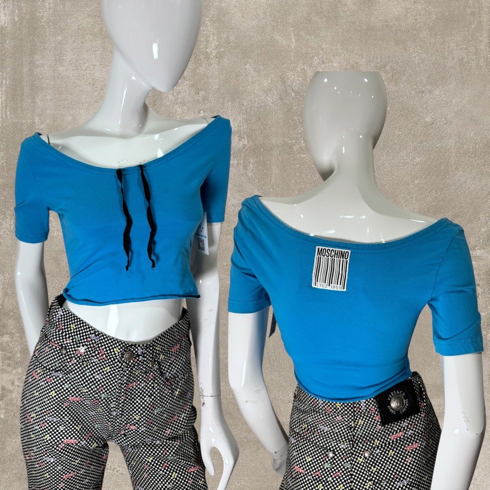 Vintage Y2K Moschino Jeans Blue Boat Neck Crop Top Italy Barcode Graphic S/M