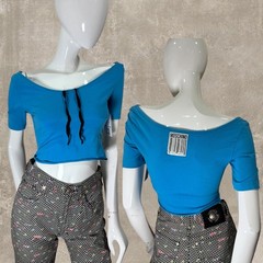 Vintage Y2K Moschino Jeans Blue Boat Neck Crop Top Italy Barcode Graphic S/M
