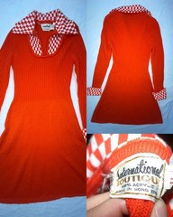 VTG 60 70 WOMENS S ORANGE ACRYLIC RIBBED CHECKERED SCOOTER SWEATER RUDE DRESS