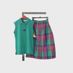 80s Vintage Plaid 2 Piece Skirt Set Womens XS Sleeveless Teal Pink Golf Polo 2